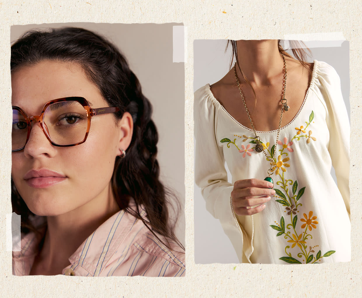 Mittens and girl wearing glasses and floral blouse