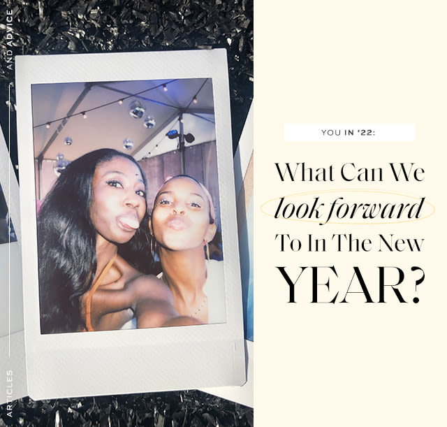 "What can we look forward to in the new year?" written over a collage of two women in polaroid pictures and a woman sitting and reading.