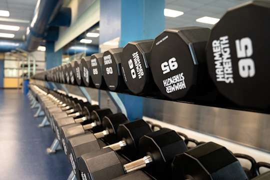 Rows of Hammer Strength weights on racks at the Student Rec Center.