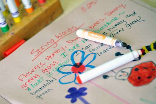 Words related to spring written in different colored markers, along with doodles of flowers, a bee and ladybug.