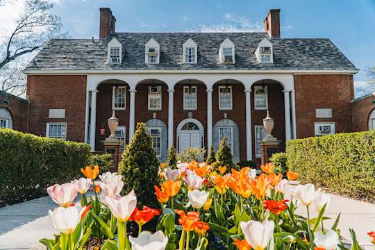 Colorful tulip blooms in front of E. Moore's main entrance