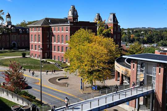 View overlooking pedestrian bridge across University Avenue, Business and Economics Building and Woodburn Circle