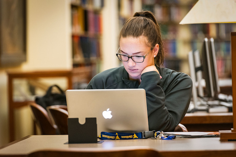 Student works on a computer at the Downtown Campus Library