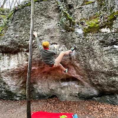 Me climbing on a wall, doing a heel hook