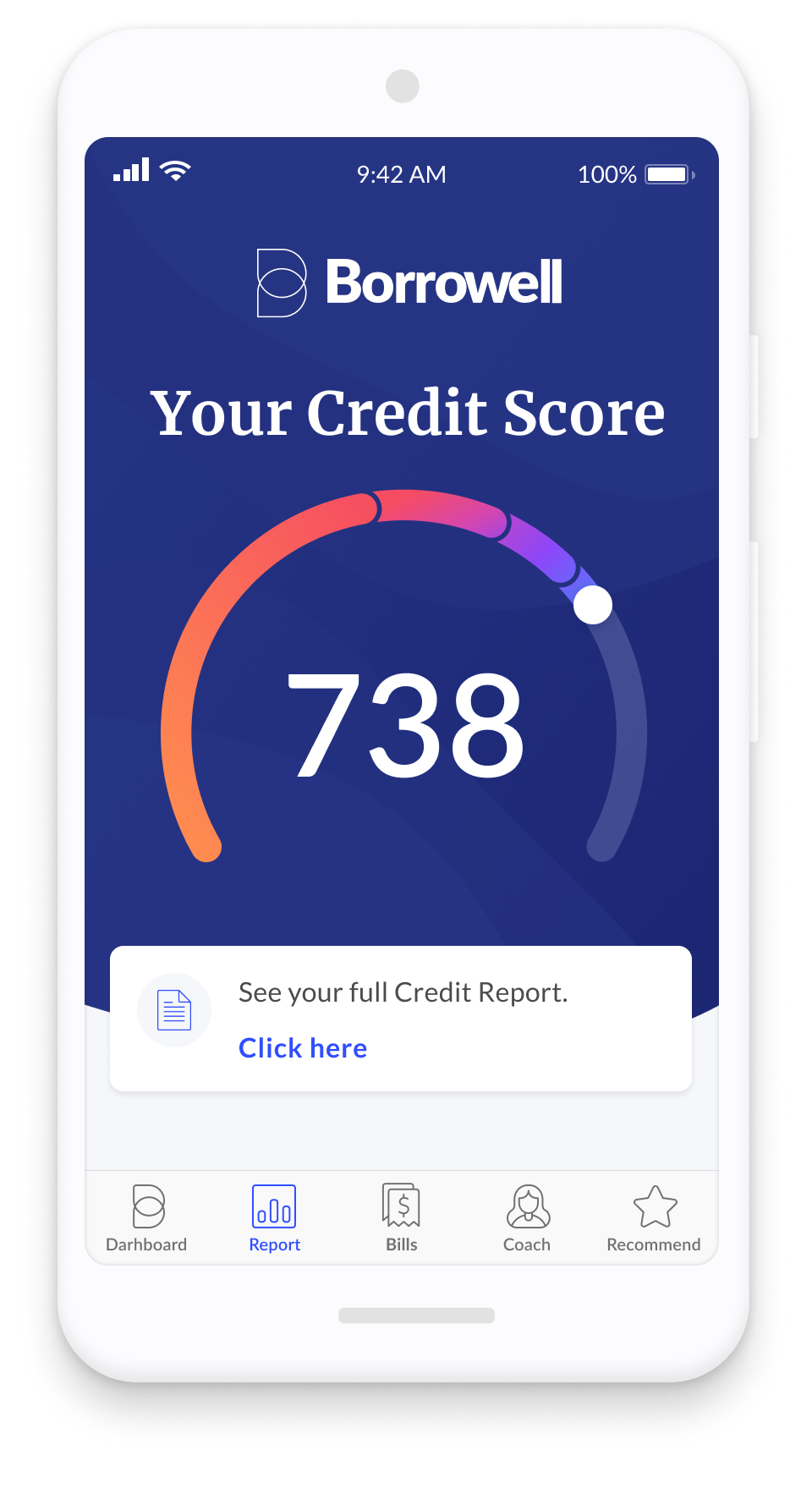Borrowell Free Credit Score graphic with a credit score of 738