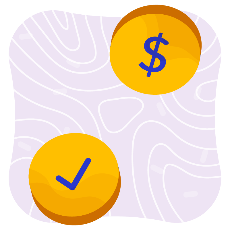 An image of two gold coins, one with $10 written on it, and one with a checkmark on it.