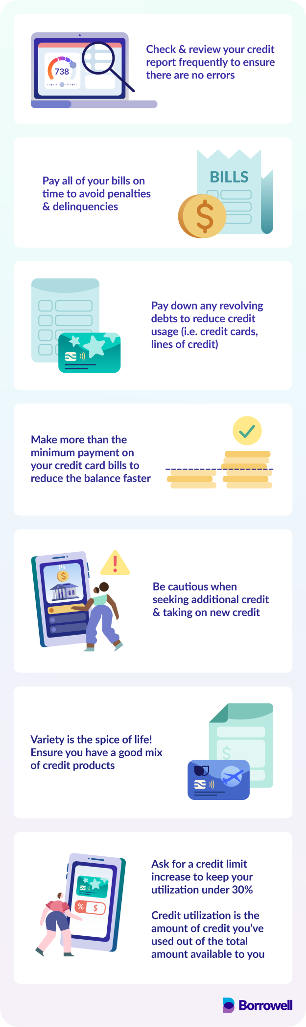 Tips for Your Credit Health: 
1. Check and view your credit report frequently to ensure there are no errors.
2. Pay all of your bills on time to avoid penalties and delinquencies.
3. Pay down any revolving debts to reduce credit usage (ie. credit cards, lines of credit).
4. Make more than the minimum payment on your credit card bills to reduce the balance faster.
5. Be cautious when seeking additional credit and taking on new credit.
6. Variety is the spice of life! Ensure you have a good mix of credit products.
7. Ask for a credit limit increase to keep your utilization under 30%. Credit utilization is the amount of credit you've used out of the total amount available to you.