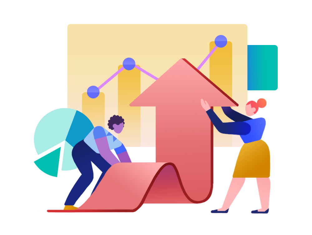 Two chracters holding an upward arrow in front of a graph