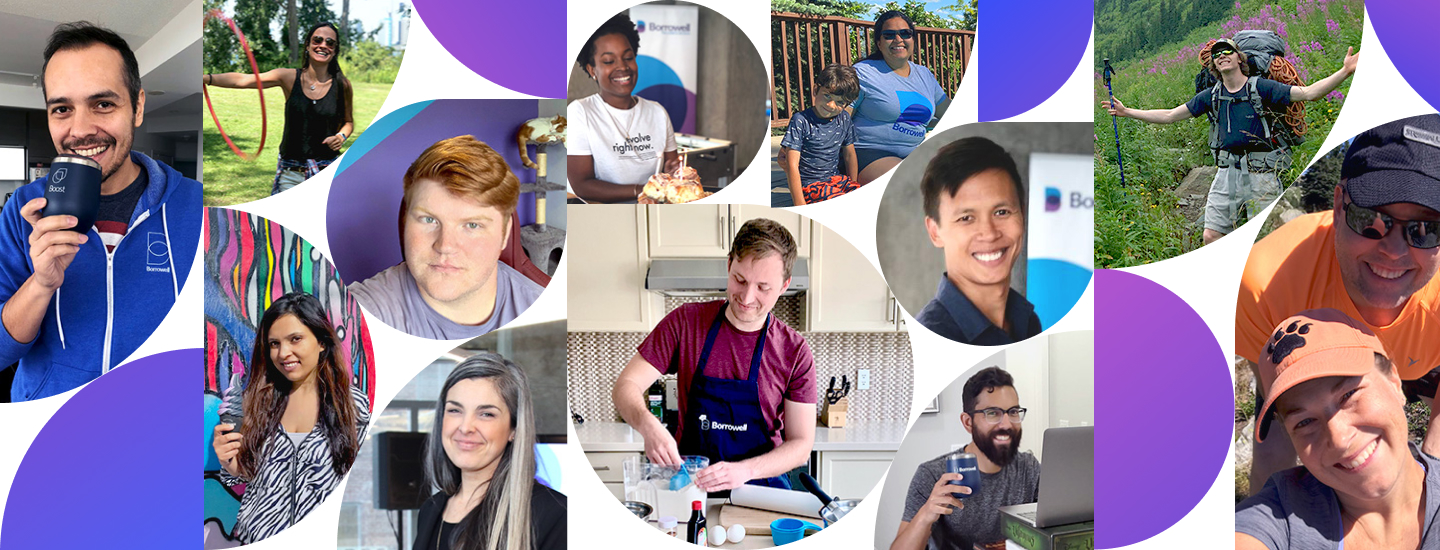 Compilation of Borrowell Team Members: Drinking coffee, eating ice cream, baking, working at computer, mountain climbing, smiling, eating birthday cake