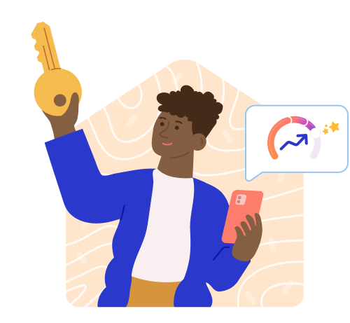 Character standing infront of their rental unit. They're holding a phone with a credit score on it that indicates that it is increasing.