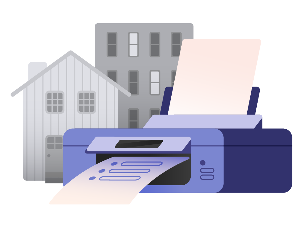 Printer printing out your credit report with houses and apartments in the background