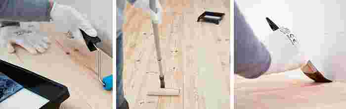 Meerdere lagen lak aanbrengen op een houten vloer met een roller en kwast