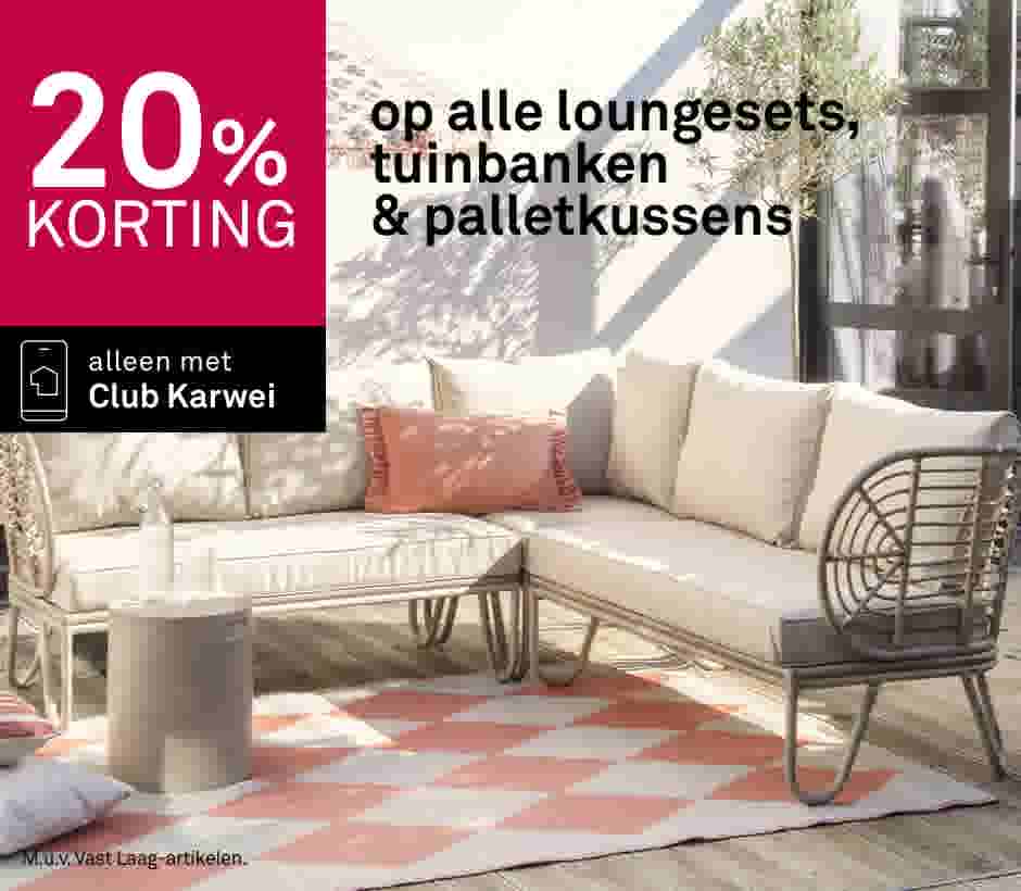 20% korting op alle loungesets, tuinbanken & palletkussens