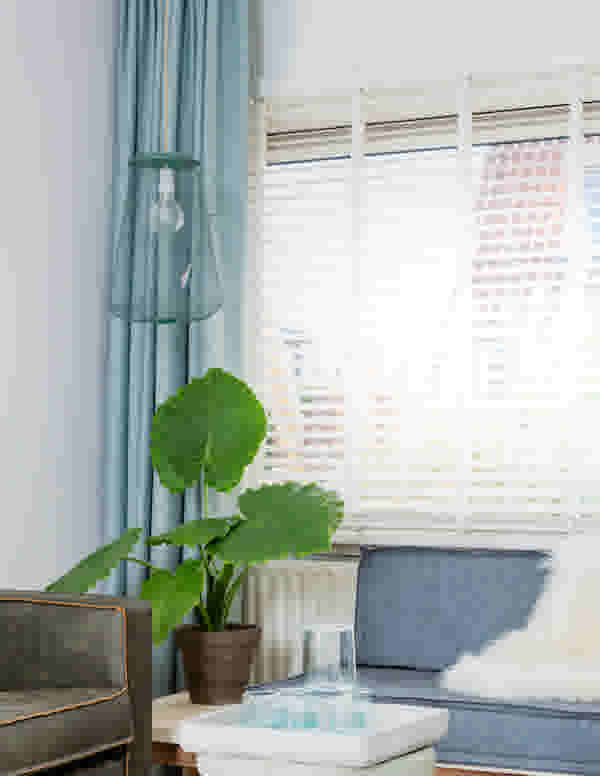 Kamer met hangende visnet lamp, twee bankstellen, een plant en raam met open gordijnen