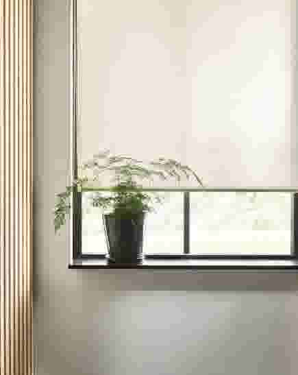 half open lichtdoorlatend rolgordijn voor raam met plant op vensterbank