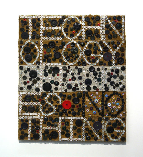 Jeff Perrone
Technology Changes Nothing, 2016
Mud cloth, buttons, and thread on canvas
24 x 20 inches
61 x 50.8 cm