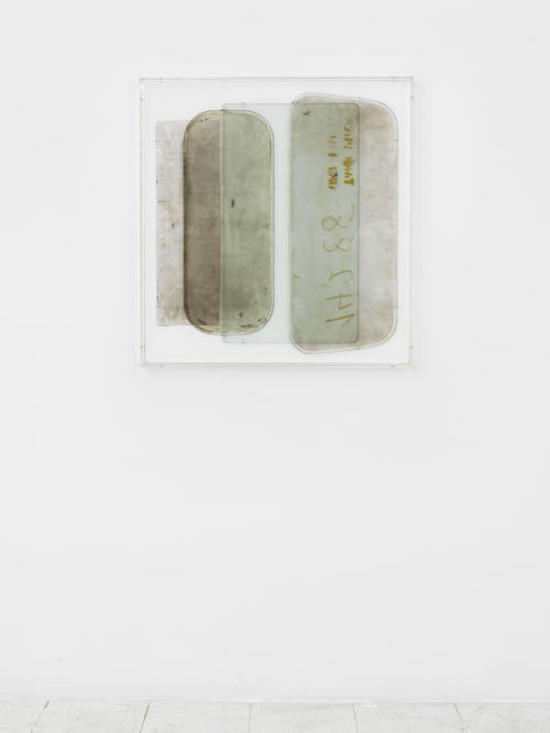 Anneke Eussen
Yesterday, Today, Tomorrow, and the Day After 02, 2020
Time-stained car panes, metal hooks, mounted on wood, and plexiglass frame
29.49 x 27.72 inches
74.9 x 70.4 cm