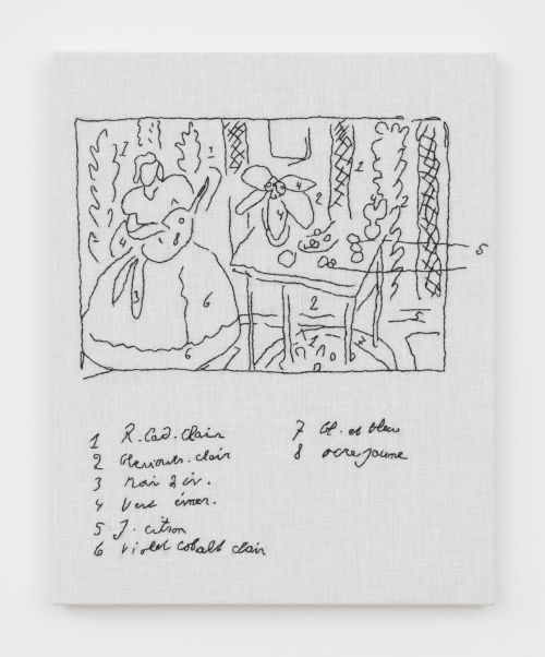 Elaine Reichek
Matisse's Tapestry Notes for "Le Luth", 2021
Hand embroidery on linen
16.875 x 13.5 inches
42.9 x 34.3 cm