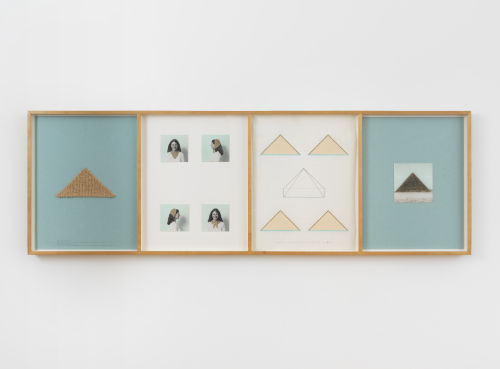 Elaine Reichek
Pyramid, 1982
Knitted cotton yarn, oil on photographs, colored pencil and ink on paper
27.25 x 84.25 inches
69.2 x 214 cm