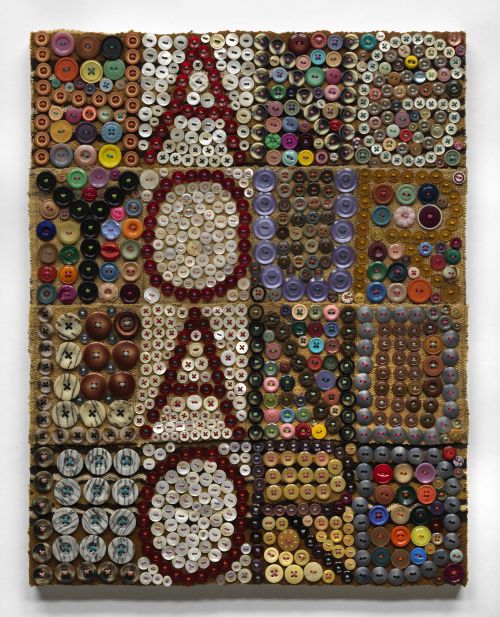 Jeff Perrone
Hang Your Landlord, 2011
Mud cloth, buttons, and thread on canvas
20 x 16 inches
50.8 x 40.6 cm