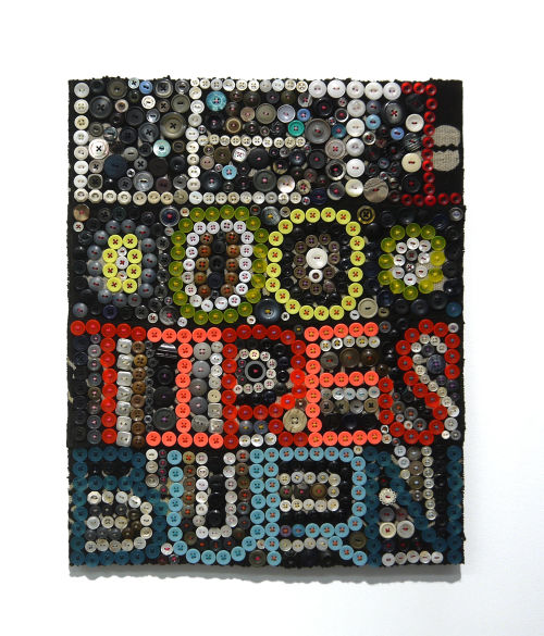 Jeff Perrone
Let 10000 Tires Burn, 2018
Mud cloth, buttons, and thread on canvas
20 x 16 inches
50.8 x 40.6 cm