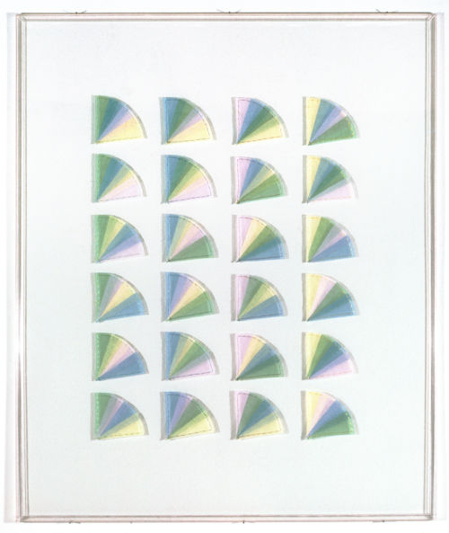 Elaine Reichek
Fan Factorial #5, 1977
Organdy sewn to Kozoshi paper
29 x 24 inches
73.7 x 61 cm