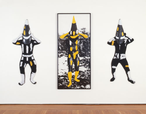 Elaine Reichek
Yellow Men, 1986
Knitted wool yarn and oil on gelatin silver print
71 x 115 inches
180.3 x 292.1 cm