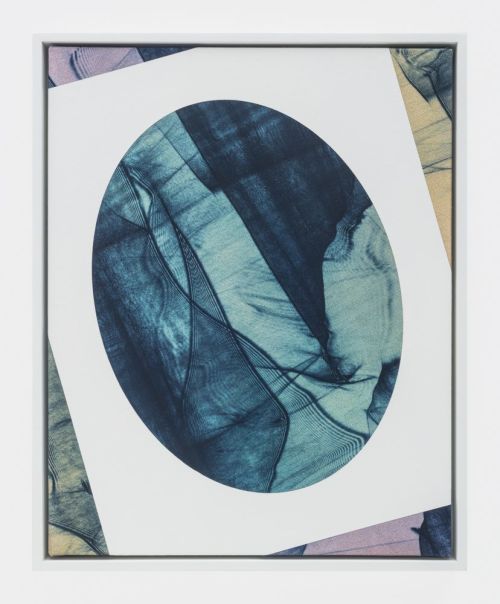 John Opera
Laser in Tilted Oval Frame #8, 2019
Cyanotype, acrylic and vinyl paint on canvas in artist frame 
21 x 17 inches