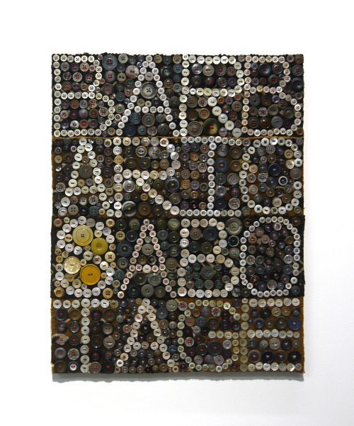 Jeff Perrone
Barbaric Sabotage, 2011
Mud cloth, buttons, and thread on canvas
20 x 16 inches
50.8 x 40.6 cm