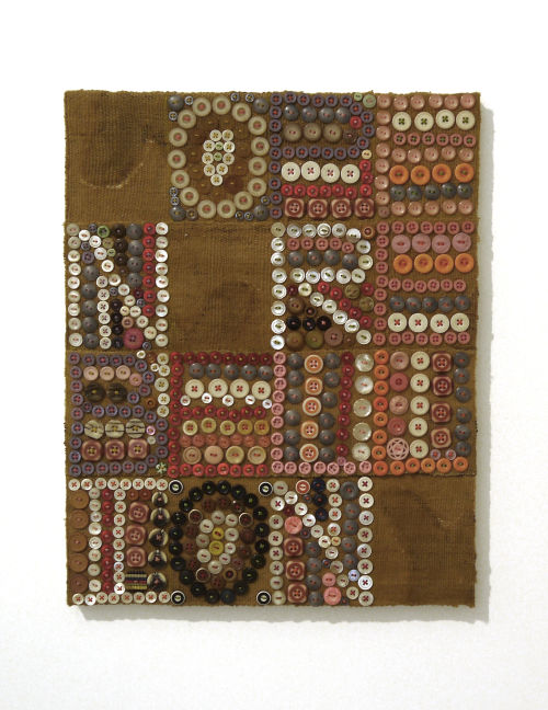 Jeff Perrone
Open Rebellion, 2011
Mud cloth, buttons, and thread on canvas
20 x 16 inches
50.8 x 40.6 cm