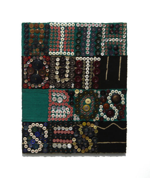 Jeff Perrone
Without Bosses, 2009
Mud cloth, buttons, and thread on canvas
20 x 16 inches
50.8 x 40.6 cm