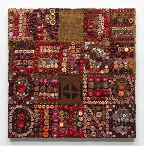 Jeff Perrone
In Defense of Looting, 2014
Mud cloth, buttons, and thread on canvas
20 x 20 inches
50.8 x 50.8 cm