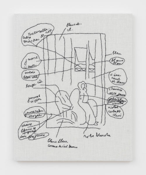 Elaine Reichek
Matisse's Tapestry Notes for "La Robe Violette", 2021
Hand embroidery on linen
16.875 x 13.5 inches
42.9 x 34.3 cm