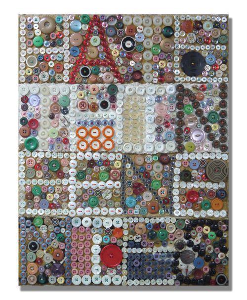 Jeff Perrone
Hate Thine Enemies, 2008
Mud cloth, buttons, and thread on canvas
20 x 16 inches
50.8 x 40.6 cm