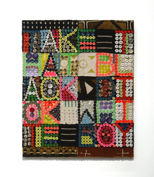 Jeff Perrone
Take That Black Dick White Boy, 2017
Mud cloth, buttons, and thread on canvas
30 x 24 inches
76.2 x 61 cm
