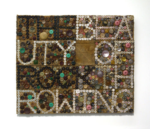 Jeff Perrone
The Beauty of Rock Throwing, 2013
Mud cloth, buttons, and thread on canvas
20 x 24 inches
50.8 x 61 cm