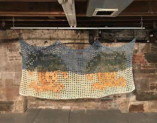 Tenaya Izu
giant dish towel/ the Love Interest/ blue highlights, 2018
Cotton twine dyed with indigo and rust, metal pole, meat hooks, chains
39 x 70 x 2 inches
99.1 x 177.8 x 5.1 cm