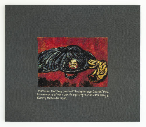 Elaine Reichek
In Memoriam (Marsden Hartley), 2021
Hand embroidery on linen
21.625 x 25.125 inches
54.9 x 63.8 cm