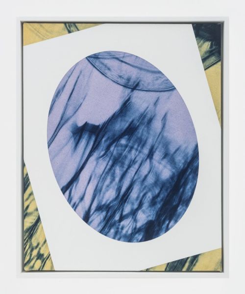 John Opera
Laser in Tilted Oval Frame #13, 2019
Cyanotype, acrylic and vinyl paint on canvas in artist frame 
21 x 17 inches