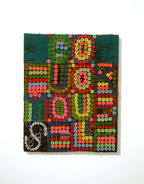 Jeff Perrone
Go Fuck Your Self, 2017
Mud cloth, buttons, and thread on canvas
20 x 16 inches
50.8 x 40.6 cm
