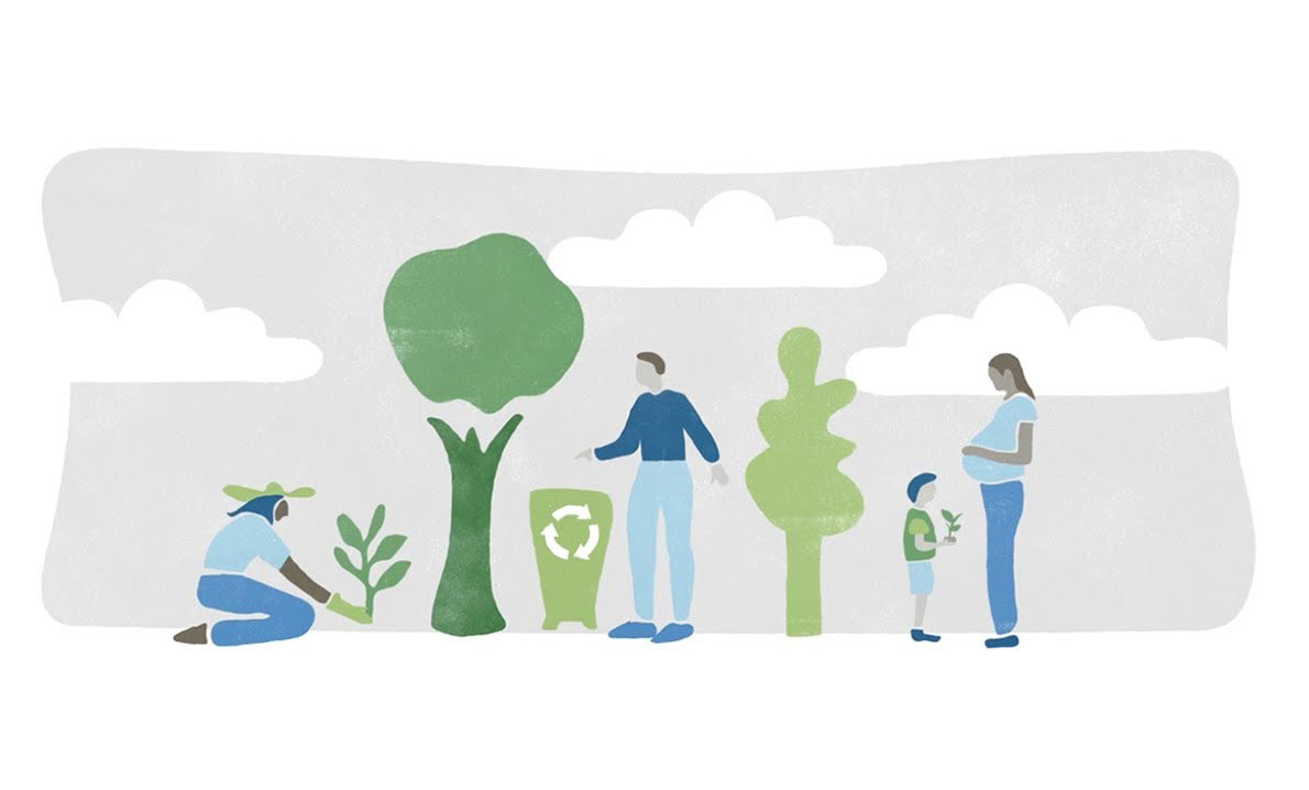 植物を植えている人、リサイクルしている人のイラスト