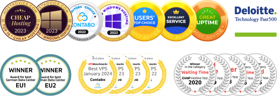 Contabo award badges - Chip Hotline Test, Deloitte, Host Advice, Best German Data Center