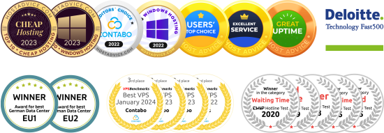 Contabo award badges - Chip Hotline Test, Deloitte, Host Advice, Best German Data Center
