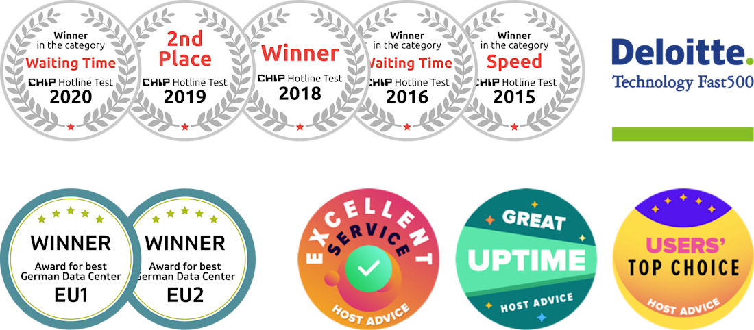 Contabo award badges - Chip Hotline Test, Deloitte, Host Advice, Best German Data Center