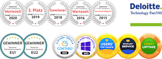 Auszeichungen für Contabo - Chip Hotline Test, Deloitte, Host Advice, Best German Data Center
