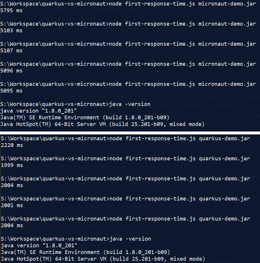 Time to first request - JDK 8 - Quarkus vs Micronaut Time to first request - JDK 8 - Quarkus vs Micronaut
