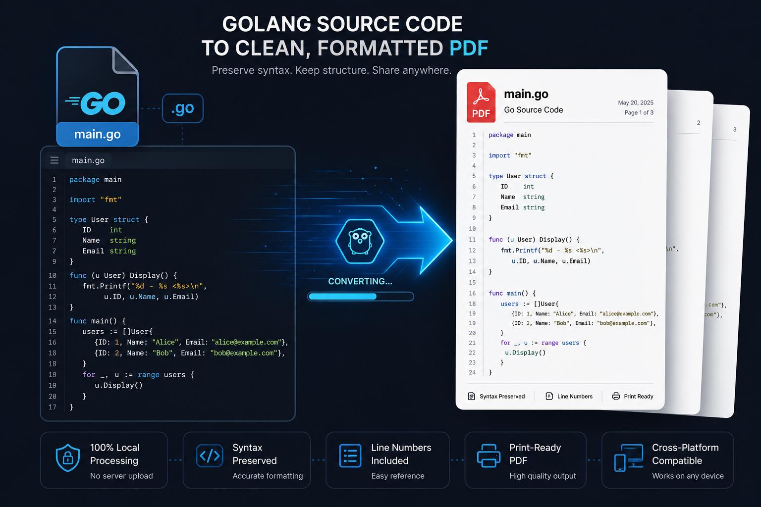 Convert Go (.go) Source Code to PDF Online Without Losing Formatting