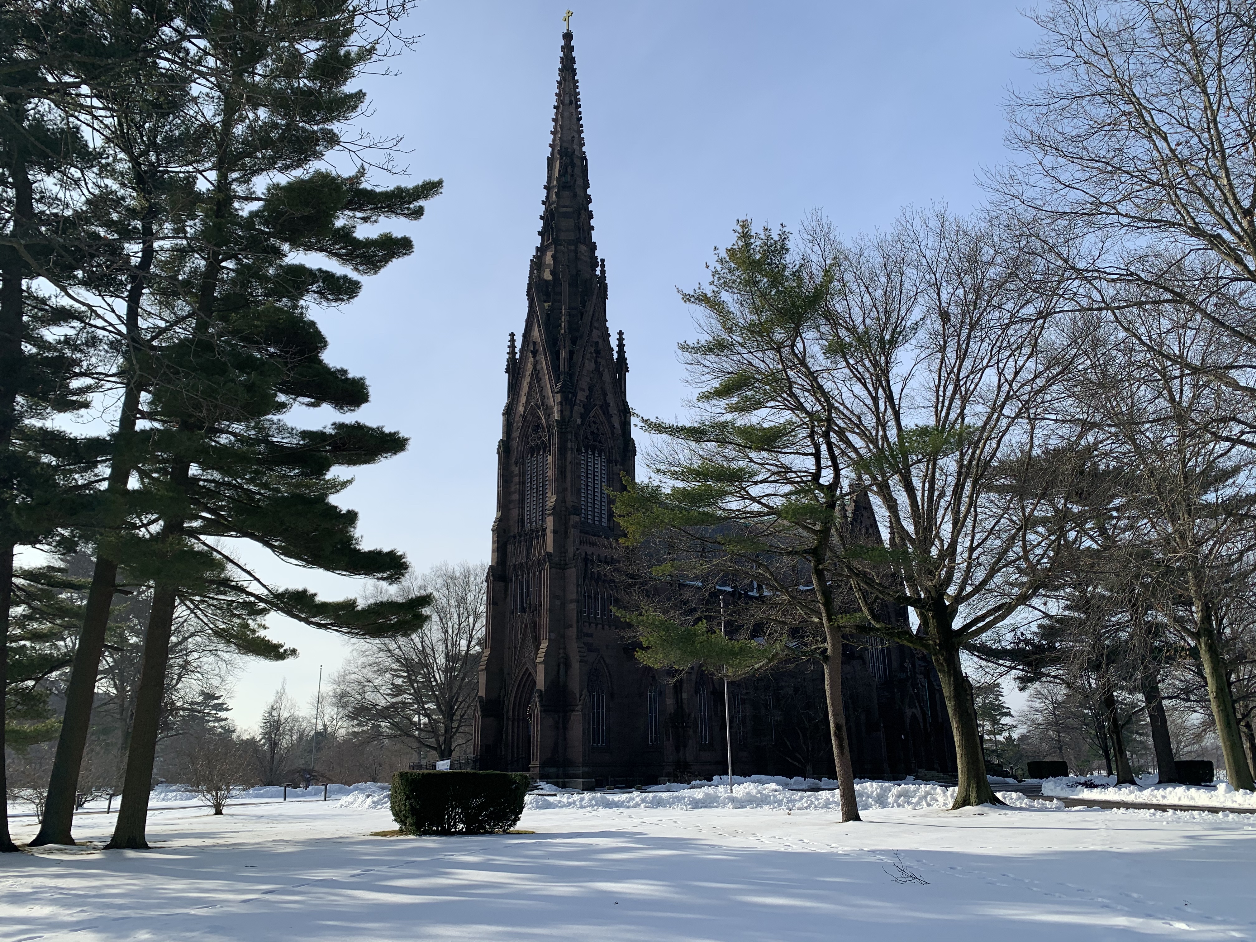 A picture of the Cathedral building with snow. 