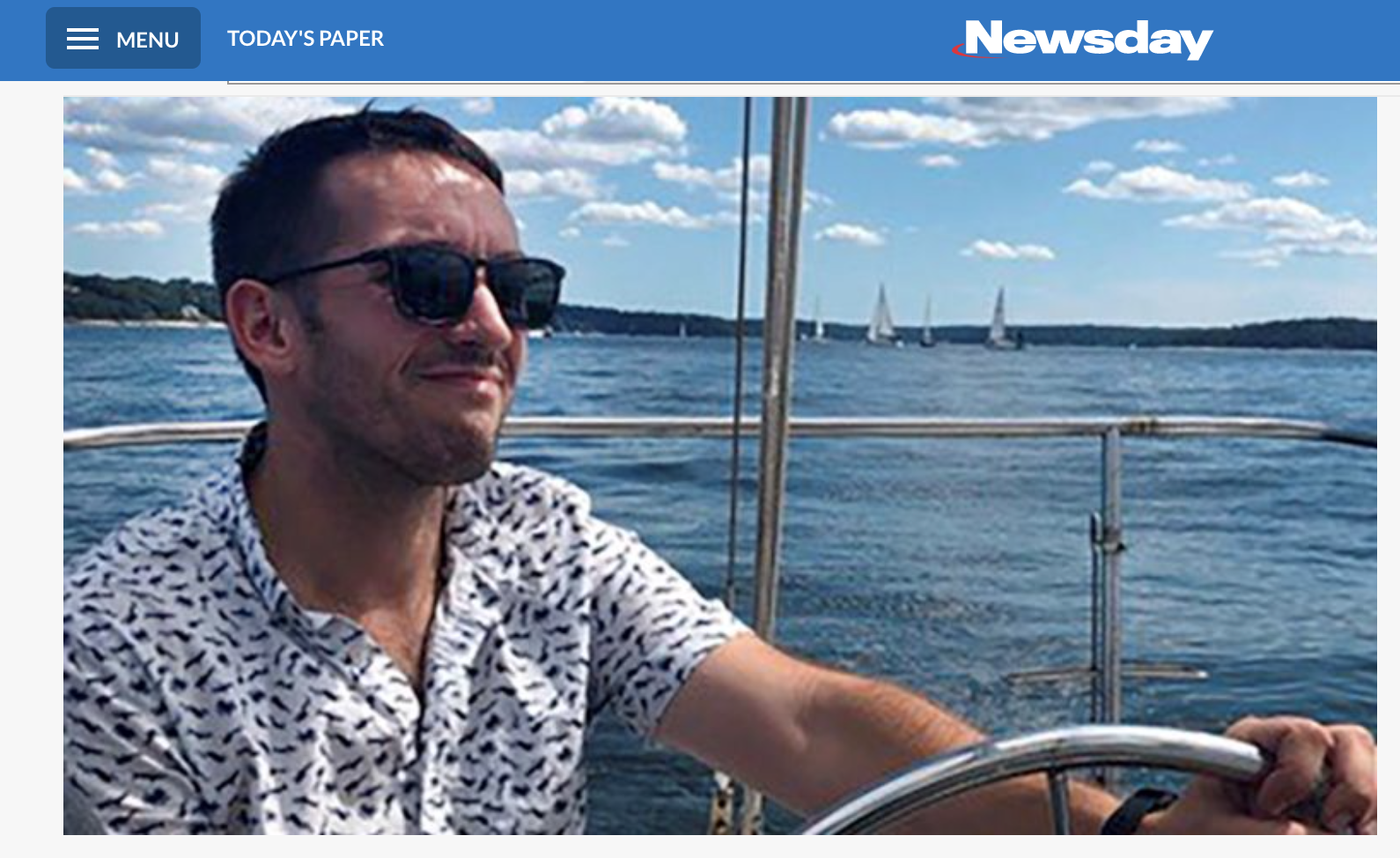 A screenshot of Newsday's article about Dean Sniffen. Image of Dean Sniffen driving a sailboat. 