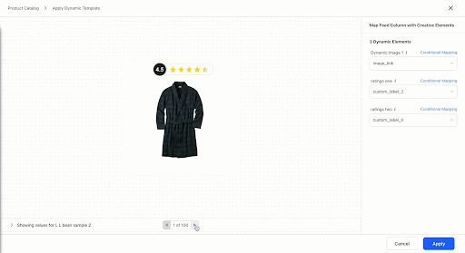A GIF showing a bathrobe on the dynamic template creation page with a 5-star rating scale above it.